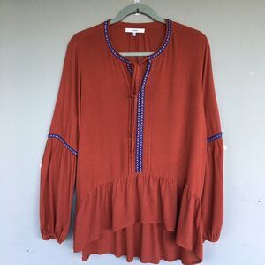 Anthropologie Ro&De Rust Embroidered Peplum Blouse Top Womens M Boho Peasant